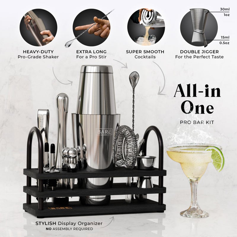 BARE BARREL Mixology Bartender Kit Bar Set | 14-Piece Cocktail Shaker Set | Martini Barware Mixing Tools for Home Bartending | 35 Recipe Cards | Gift Set (28oz Boston Shaker  Silver/Black) - Image 2